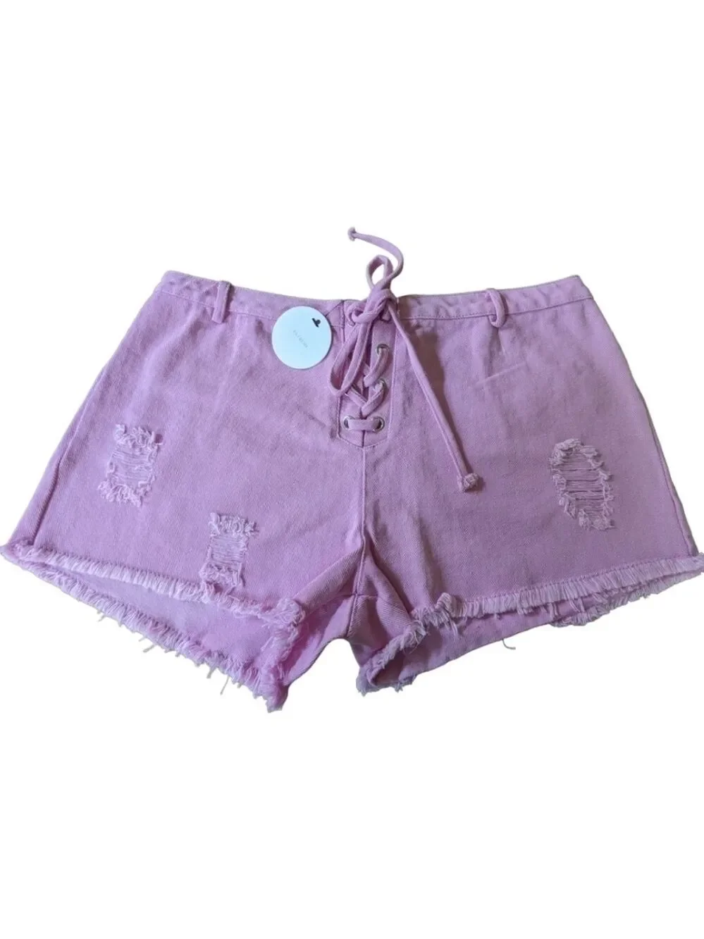 NEW En Creme Pink Distressed Lace Up Denim Shorts Size Large